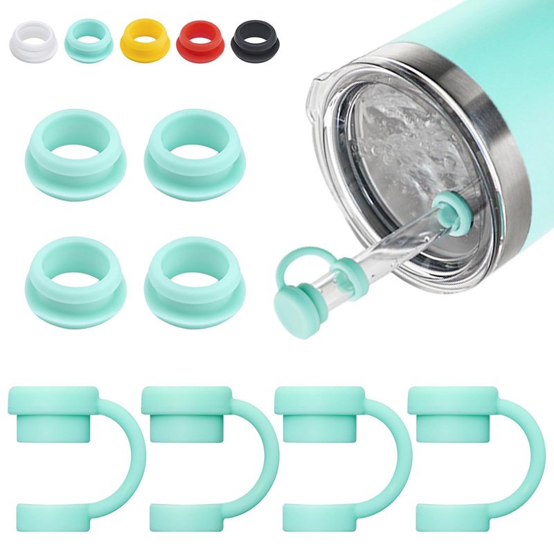 Straw Cover for YETI Cup, 4 Sets Silicone Spill Stopper Compatible with YETI Tumbler, Leak Proof Kit of Mug Accessories Including 4 Straw Cover, 4 Leak Proof Stopper (Seafoam 4PCS)