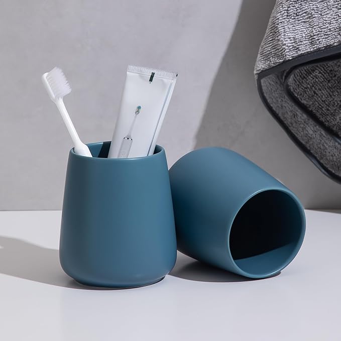Blue Toothbrush Holder for Bathroom - 2Pcs Ceramic Tooth Brushing Holders Set, Toothbrush Cup & Toothpaste Organizer for Bathroom Countertop, Makeup Brush Holder, Pen Holder for Home Desktop Storage