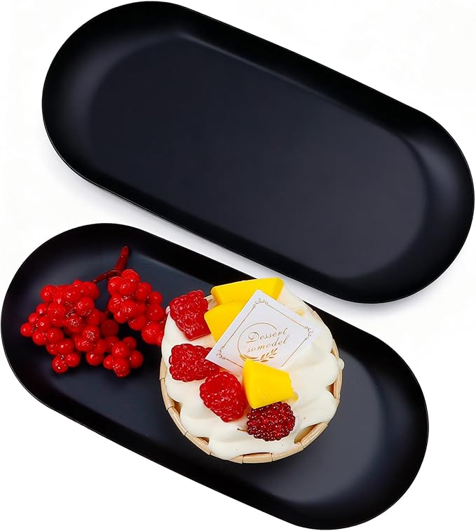 2PACK Black Decorative Tray,Oval Stainless Steel Trays, Decorative Tray for Jewelry Dish Cosmetics Organizer Bathroom Clutter Serving Platter (Black, 7 in)