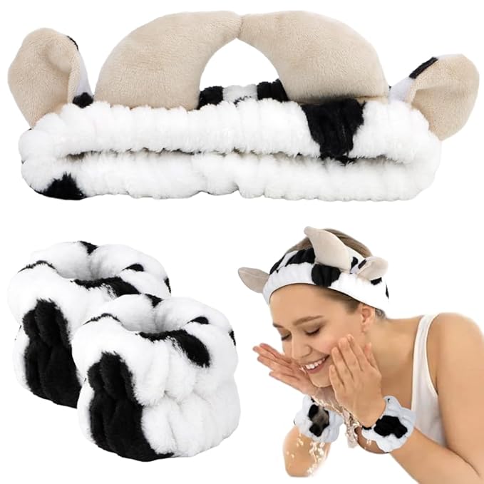AHONEY Cow Ears Headband Cow Print Skincare Headbands and Wristbands, Cute Spa Wrist Band Fluffy Hand Cuffs Women Facial Makeup Accessories Costume Party Stuff Birthday Gift
