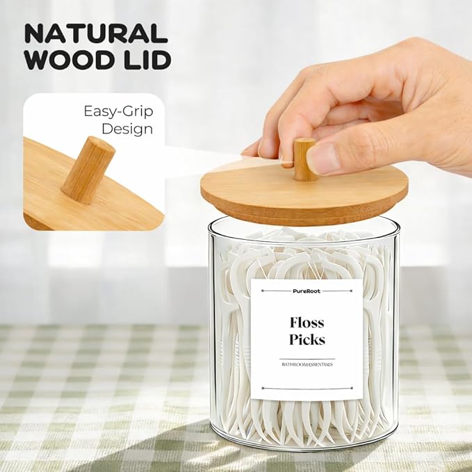 Glass Qtip Holder Dispenser Set - 10oz Cotton Swab Holder with Bamboo Lids, Bathroom Canisters Apothecary Jar Vanity Storage Organizer for Cotton Balls Pads, Floss Picks (2 Pack)