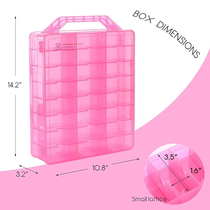 Makartt Nail Polish Organizer, Pink Acrylic Portable Storage Case Holder for 48 Bottles, with 8 Adjustable Dividers, Space-Saving & Colors Display