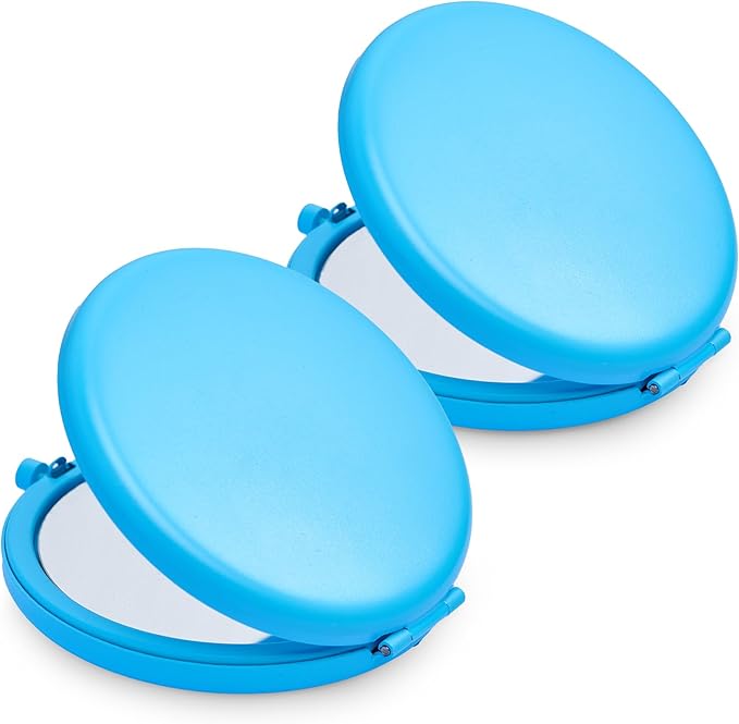 Compact Mirror for Purse, Metal Round Shell, Double-Sided 1X/2X Magnifying, Portable Travel Makeup Mirror, Mini Pocket Mirror, Deep Sky Blue, 2 Packs