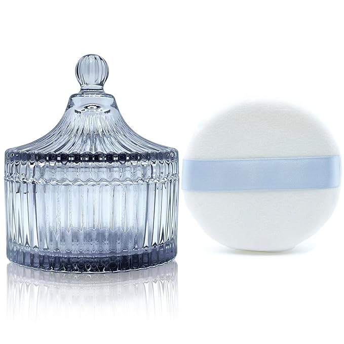 Ultra Soft Powder Puff and Container 3.3" High Density Velvet Dusting Washable Reusable Powder Puff,Body Powder Puff and Glass Jar Holder Loose Powder Box with Puff for Face Makeup(Gray)