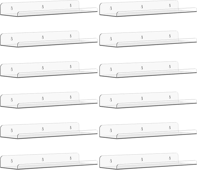 Qukaka Floating Shelves for Wall Decor, 15" Extra Clear Wall Shelves for Bedroom, Living Room, Kitchen, Bathroom Decor, Nail Polish/Book/Decoration/Makeup/Perfume Organizer Floating Shelf-12Pack