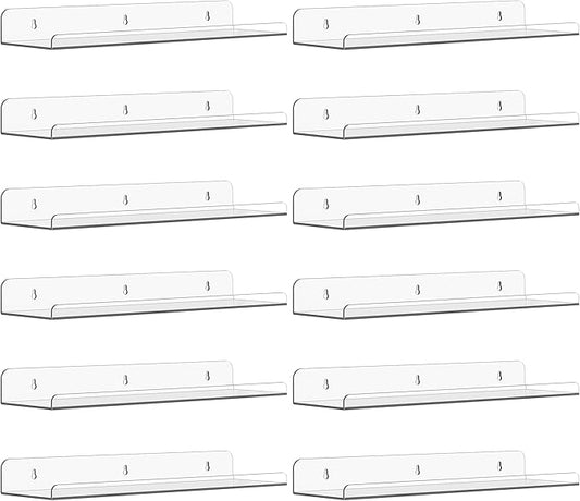 Qukaka Floating Shelves for Wall Decor, 15" Extra Clear Wall Shelves for Bedroom, Living Room, Kitchen, Bathroom Decor, Nail Polish/Book/Decoration/Makeup/Perfume Organizer Floating Shelf-12Pack