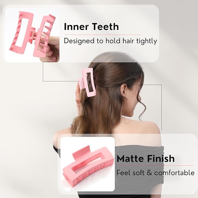 12 Pcs Pink Large Square Hair Claw Clips for Women, 4.3-Inch Matte Rectangle Claw, Strong Hold Non-slip Hair Clips for Thick & Thin Hair