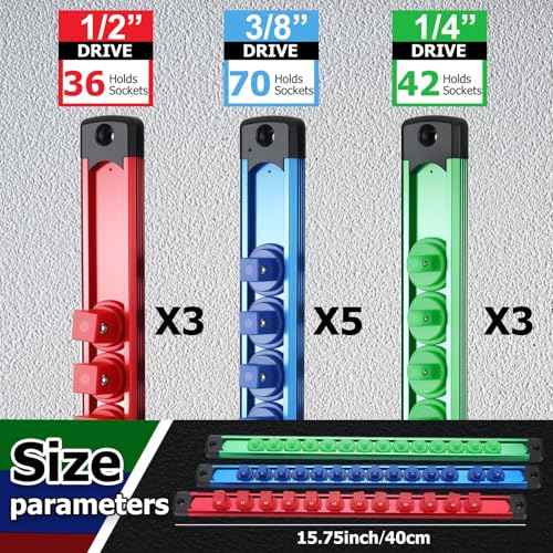 11 Pcs Magnetic Socket Organizer Set, 1/2", 1/4", 3/8" Magnetic Socket Rail for Tool Box Drawer, Socket Holder Magnetic with 148 Pcs Standard Size for Automotive Garage