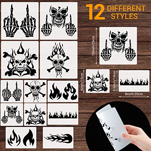 12 Pieces Skull Stencil Flame Stencil Fire Skull Stencils for Airbrushing Reusable Airbrush Flame Template Painting Decor Laser Cut Reusable Templates for Auto Motorcycle Cloth Wall Art Decor