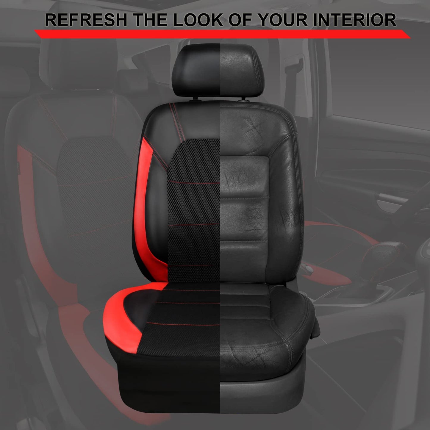 CAR PASS Leather Car Seat Covers Front Seats Only, with Air Mesh Front Seat Covers Breathable, Cool Automotive Seat Covers 2 Pack, Universal Fit Most Cars,SUV,Truck,Van Airbag Compatible(Black & Red)