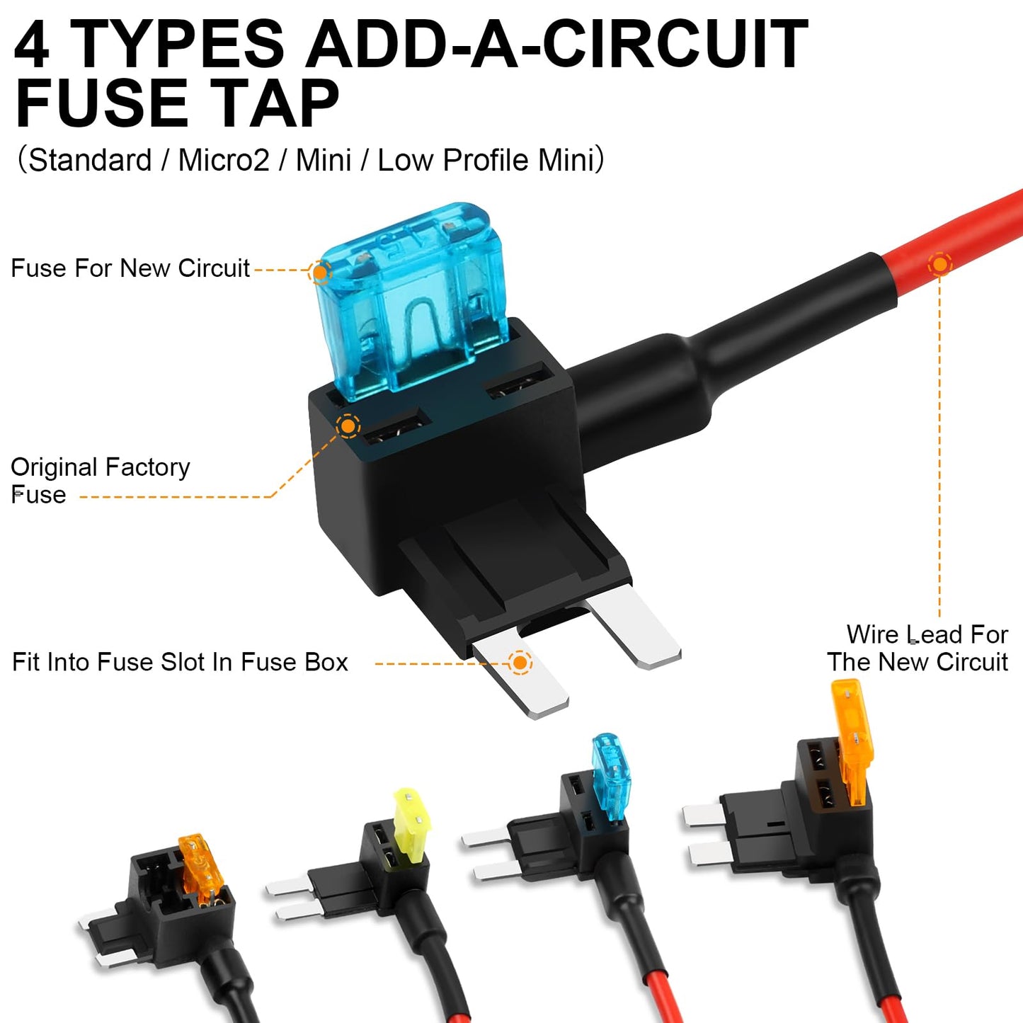 Cooclensportey 16 Pack 4 Types Fuse Tap, Upgraded 12V Car Add a Circuit Fuse Tap Kit - Standard Mini Micro2 and Low Profile Mini Fuses Taps, ATO ATC ATM APM Fuses Adapter Jumper for Cars Trucks Boats