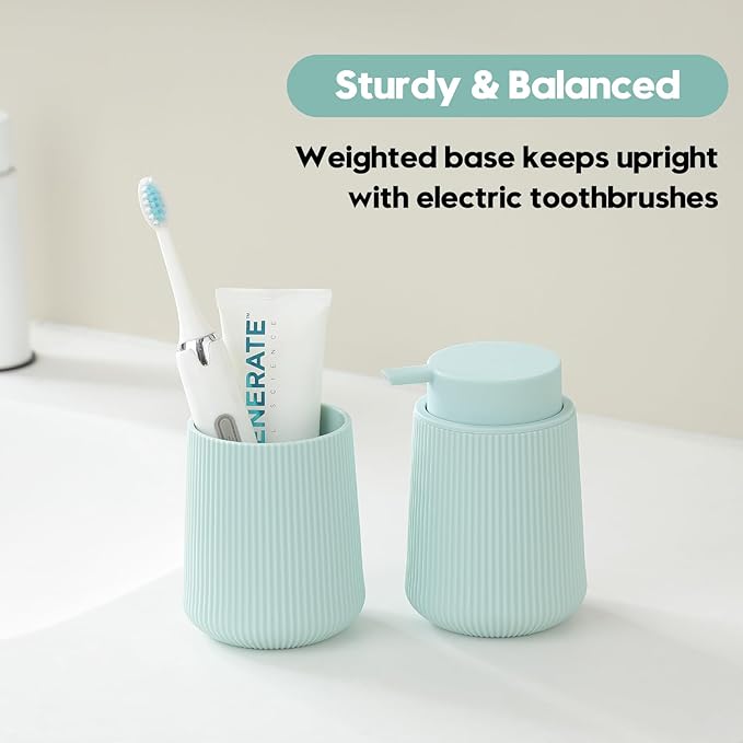 YAUKPH Green Striped Toothbrush Holder for Electric Toothbrushes Bathroom Organizer Cup for Toothpaste Kids & Adults
