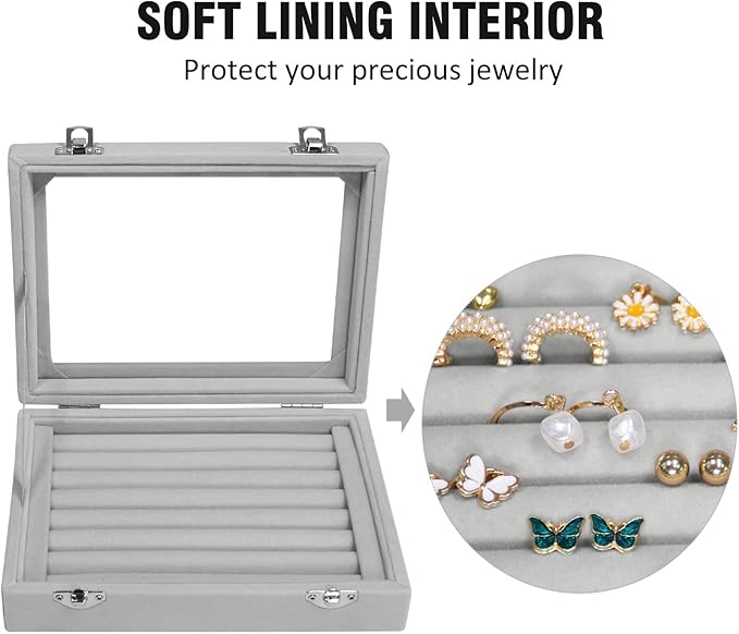 Rings Organizer Tray 7 Slots Velvet Jewelry Earring Storage Box with Transparent lid Jewelry Display Case for Girls Wife Mom Women (Grey)