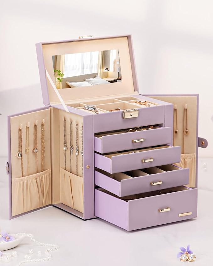 Homde Synthetic Leather Huge Jewelry Box Mirrored Watch Organizer Necklace Ring Earring Storage Lockable Gift Case (Grey Purple + Gold)