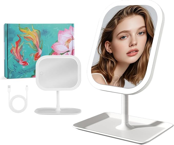 Touch-Sensitive Controls Vanity mirrorr, Makeup Mirror with LED Light, 2400mAh Rechargeable, 270-degree Rotation Adjustment,Beauty Vanity Mirror with Lights， Portable Travel, White, 3 Light Color