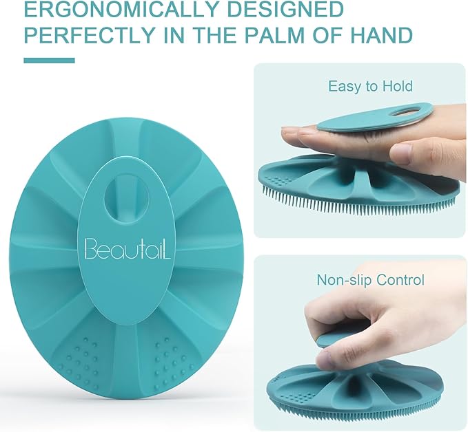 BEAUTAIL Silicone Body Scrubber Shower Bath Wash Brush Gentle Exfoliating Scrub Cleansing Loofah for Women Men Baby Sensitive Skin, Easy to Clean, Lather Nicely, More Hygienic, 1 Pack, Cyan
