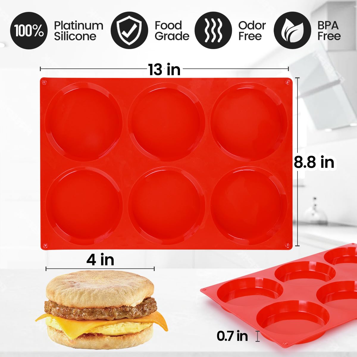 4 Inch Muffin Top Pan, Silicone Molds for Breakfast Sandwiches, English Muffins, Whoopie Pies, Corn Bread, Egg Bites, Tarts - 4 Pack Red