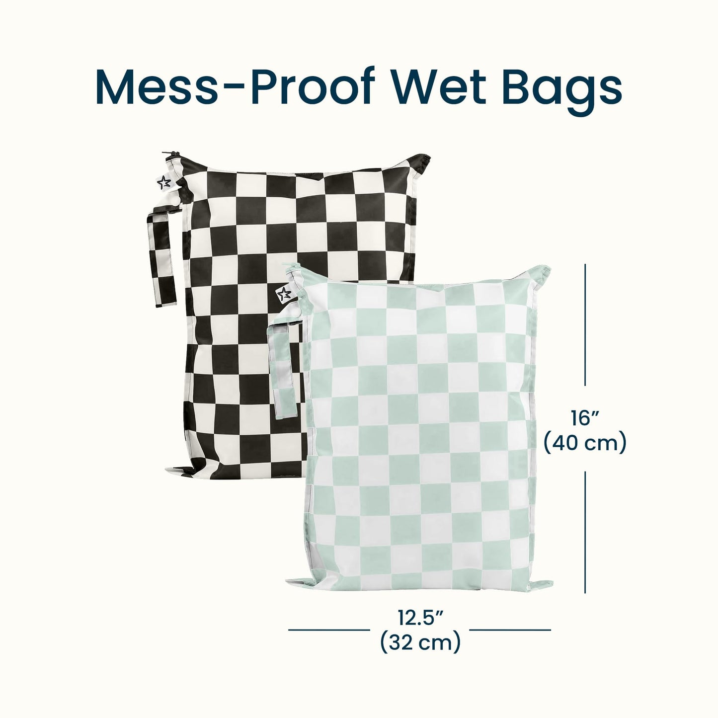 Tiny Twinkle Mess Proof Wet Bags | 2-Pack Reusable Waterproof Wet Bags for Swimsuits | Baby Clothes | Travel & Diaper Bag (Black, Green Checkers)