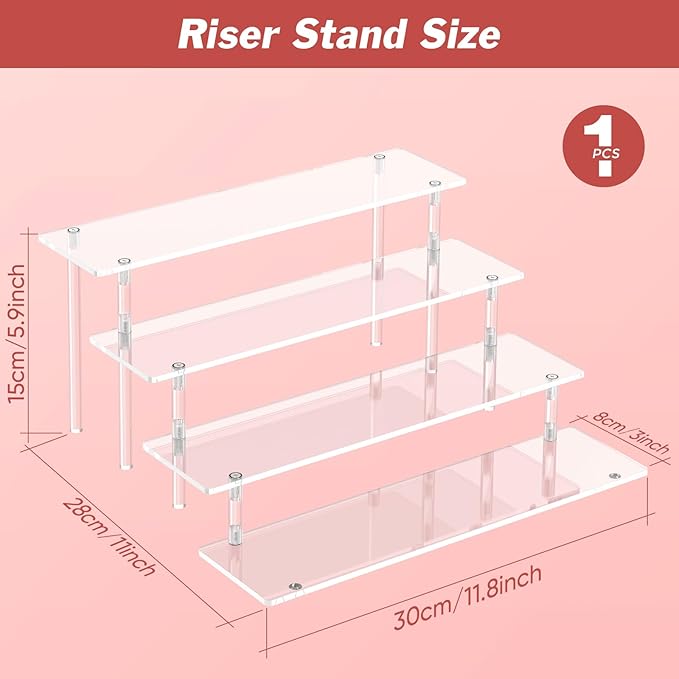 4 Tier Acrylic Display Risers, Clear Perfume Organizer Stand, Large Cupcake Stand Holder, Dessert Display for Party, Display Shelf for Figure and Collection, Riser Stand for Decoration and Organizer