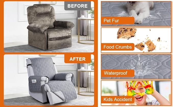 VANSOFY 100% Waterproof Recliner Chair Covers, Recliner Cover Non-Slip Dog Chair Cover Furniture Protector Washable Slipcover with Pocket, Elastic Straps for Pets, Dogs(Light Gray, 28")
