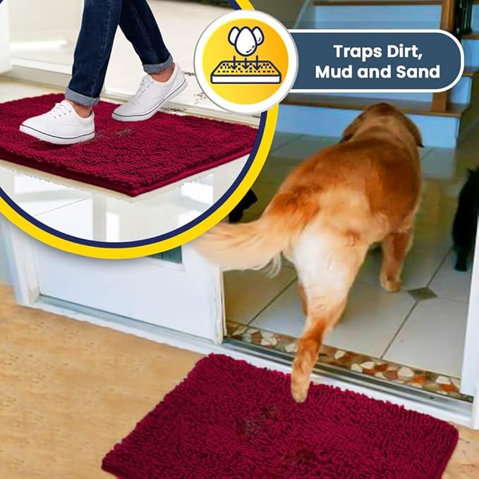 Muddy Mat® | Super Absorbent Door Mat Indoor, Microfiber Quick Dry Chenille Entryway Rug, Non-Slip Front Door Mat, Indoor Mats for Entryway, Machine Washable Pet Rug, Maroon 36"x60"