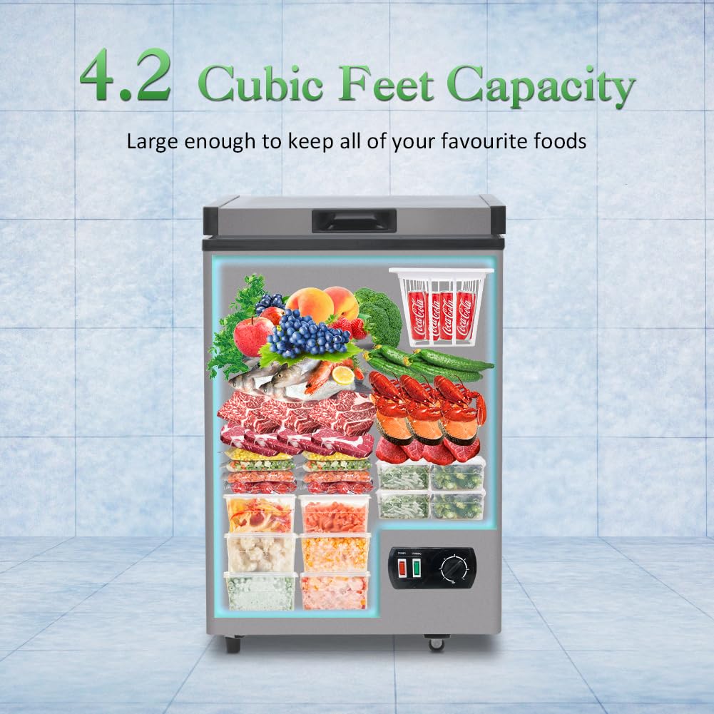 LifePlus Chest Freezer 4.2 Cubic Feet with Removable Storage Basket, Deep Freezer 7 Adjustable Temperature, Energy Saving, Super Quiet for Garage, Office, Kitchen, or Apartment