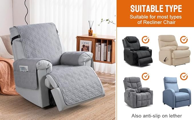VANSOFY 100% Waterproof Recliner Chair Covers, Recliner Cover Non-Slip Dog Chair Cover Furniture Protector Washable Slipcover with Pocket, Elastic Straps for Pets, Dogs(Light Gray, 28")