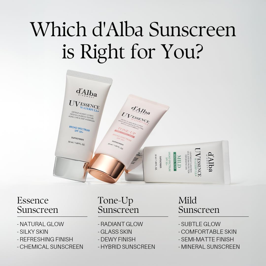 d'alba Piedmont Italian White Truffle Waterfull Mild Sunscreen, Vegan, Mineral Sunscreen, BROAD SPECTRUM SPF 50+ Non-Nano Suitable for Sensitive Skin, Korean Skin Care (1.69 fl. oz)