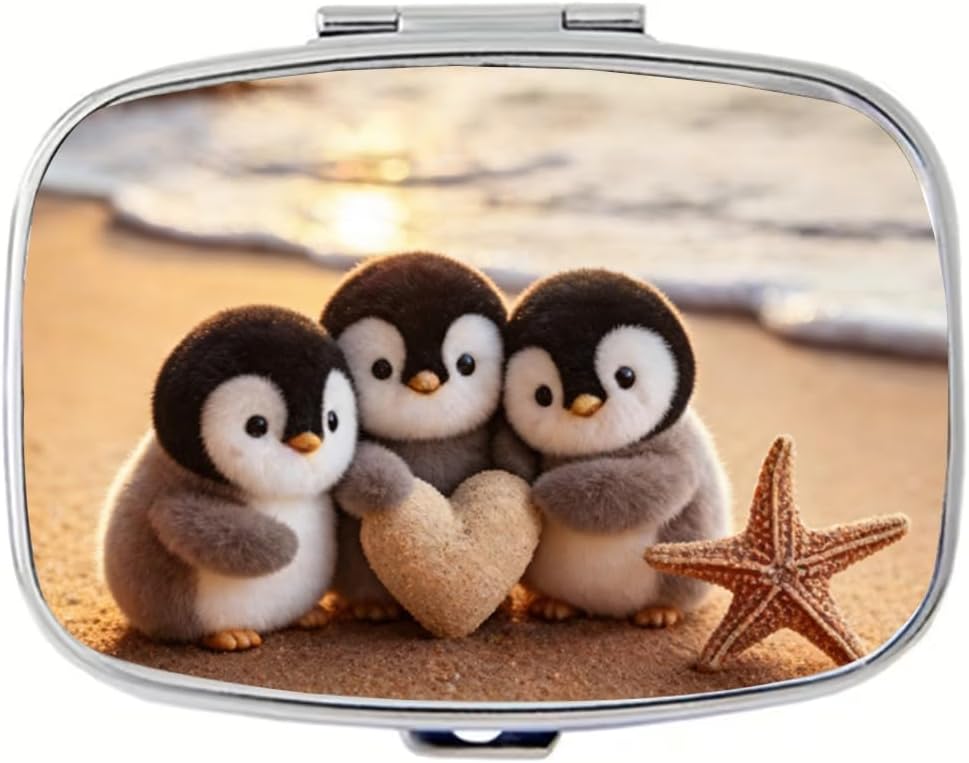Penguin Pill Box 2 Compartment Small Pill Case for Purse & Pocket Travel Portable Metal Medicine Box to Hold Vitamins Medication Fish Oil Supplements Penguin for Women Men (YH3872)