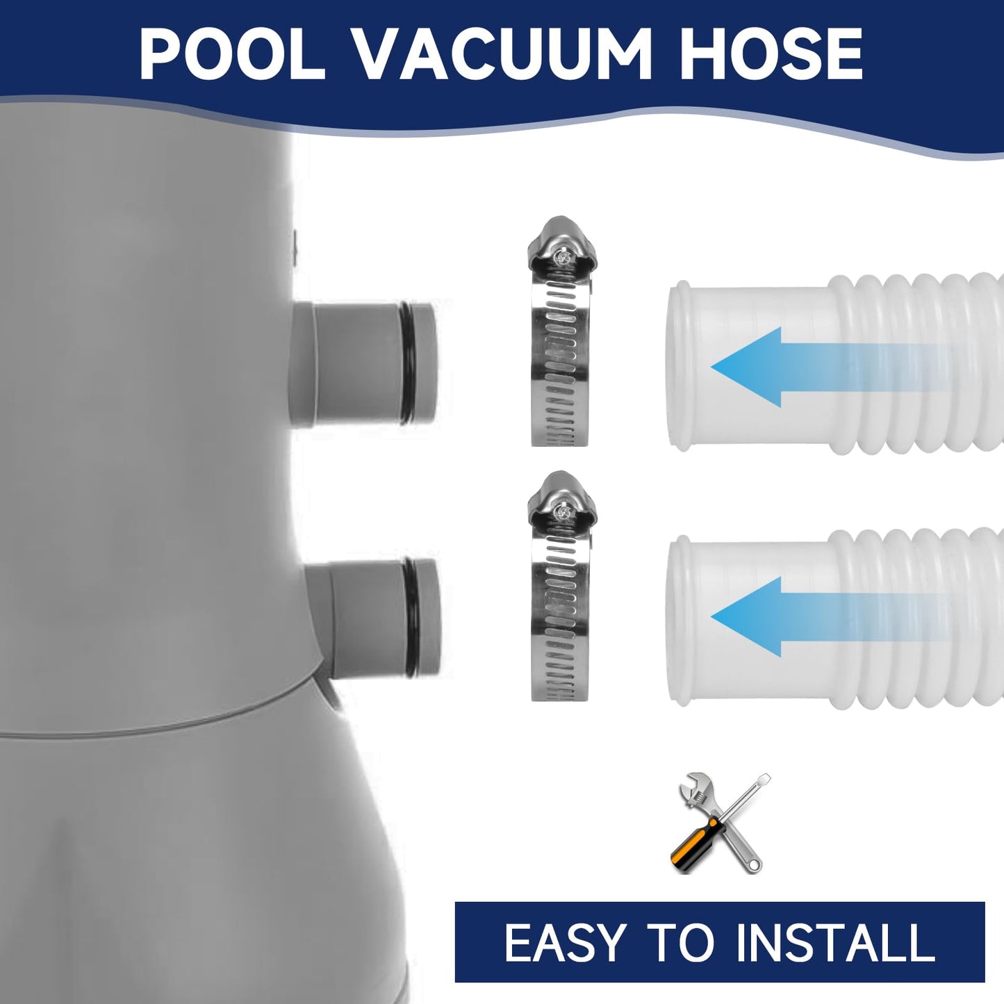 Pool Hoses for Above Ground Pools, 2 Pack 1.25 x 59 Inch Pool Filter Pump Hoses, Compatible with Intex Pool Filter Pump 607, 637 With 4 Metal Clamps(2)
