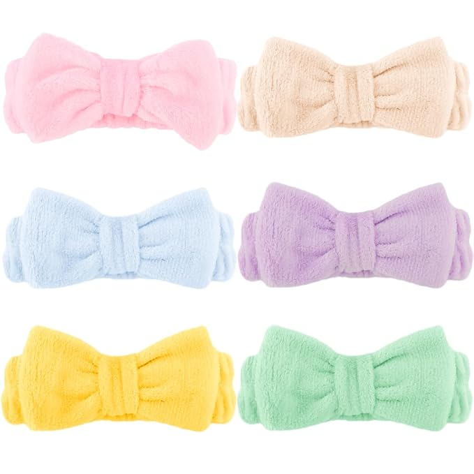 SPA Headbands for Washing Face Makeup Headbands with Bow Laurel Hair Band Women Facial Head Band Wrist Towel Wraps For Shower Face Mask Blue Pink Purple Yellow Green, 6 Pack