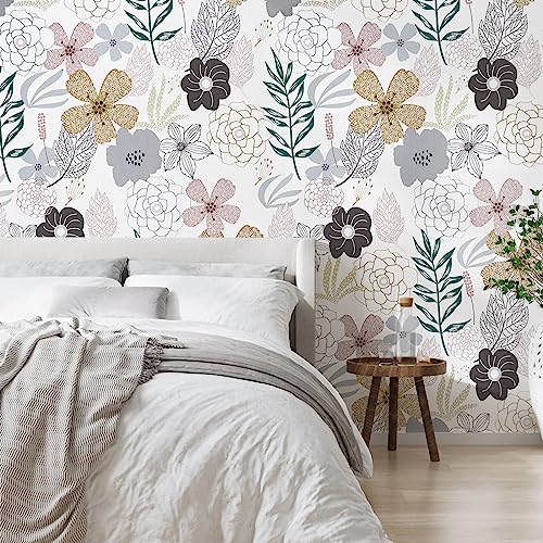 Mecpar Floral Peel and Stick Wallpaper 17.71'' x 118'' Pink Perennial Blooms Contact Paper - Vinyl Self Adhesive Removable Waterproof for Bathroom Cabinet Decorative