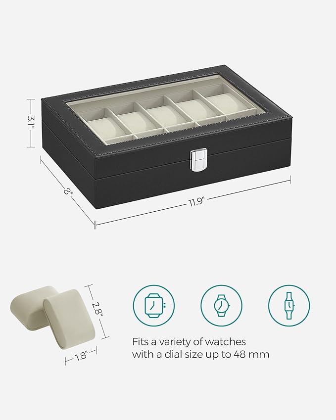 SONGMICS Watch Box, 12-Slot Watch Case Organizer with Large Glass Lid, Removable Pillows, Gift for Loved Ones, Black Synthetic Leather, Greenish Beige Lining UJWB12BE