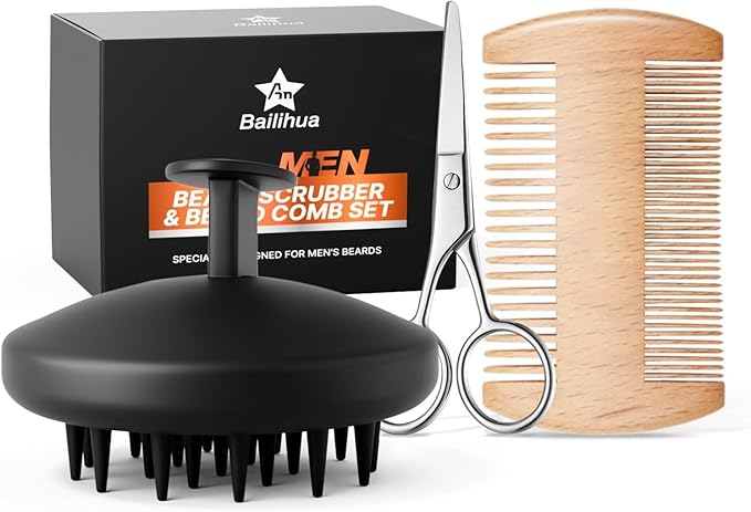 Beard Scrubber Brush Kit- 3 Piece Professional Set Silicone Beard Brush Scalp Shower Shampoo Scrubber Brush, Trimming Scissors, Dual-Sided Beard Comb | Hair Face Exfoliator & Massager for Growth