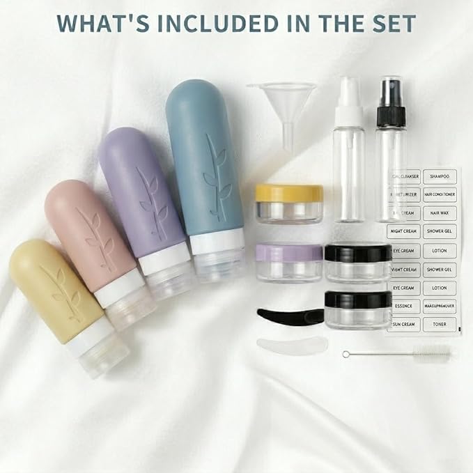 Travel Bottles Kit (16 Pack) - TSA Approved, Leak Proof Silicone Squeezable Containers for Toiletries. Complete Set with Jars, Sprayers & Bag (Light Purple)