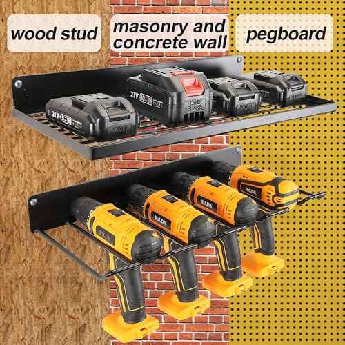 2-Tier Power Tool Organizer, Storage Rack Wall Mount Drill Holder for 4 Power Drill Tools, Space Saving, Utility Storage Rack for Garage, Workshop, Tool Library Etc