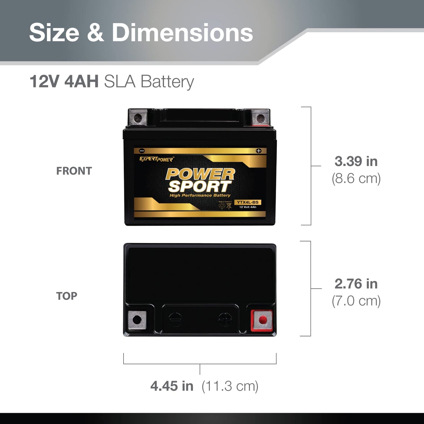 ExpertPower YTX4L-BS - AGM Motorcycle Battery 12V 4Ah for 50cc Scooter SA50 Elite LX, SB50, TTR125, 120 CCA ATV Battery for Mini Skyhawk, Scrambler, Sportsman, Powersports Batteries with N&B Terminals
