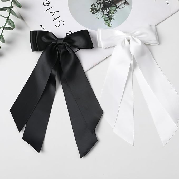 LuSeren 2 PCS Double Layer Hair Bows Black White Hair Ribbon Clips Ponytail Holder Accessories for Women Girls Toddlers Teens Kids