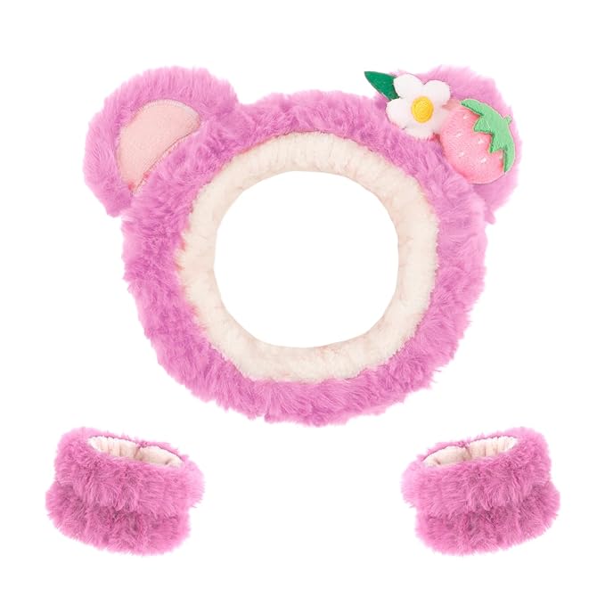 CAVETEE Hairband, 3 Piece Fluffy Pink Bear Ear Makeup Headband and Wristband Set for Women, Spa Cosmetic Elastic Headband and Wristband Set for Women Girl Wash Face Skincare Makeup Shower Spa