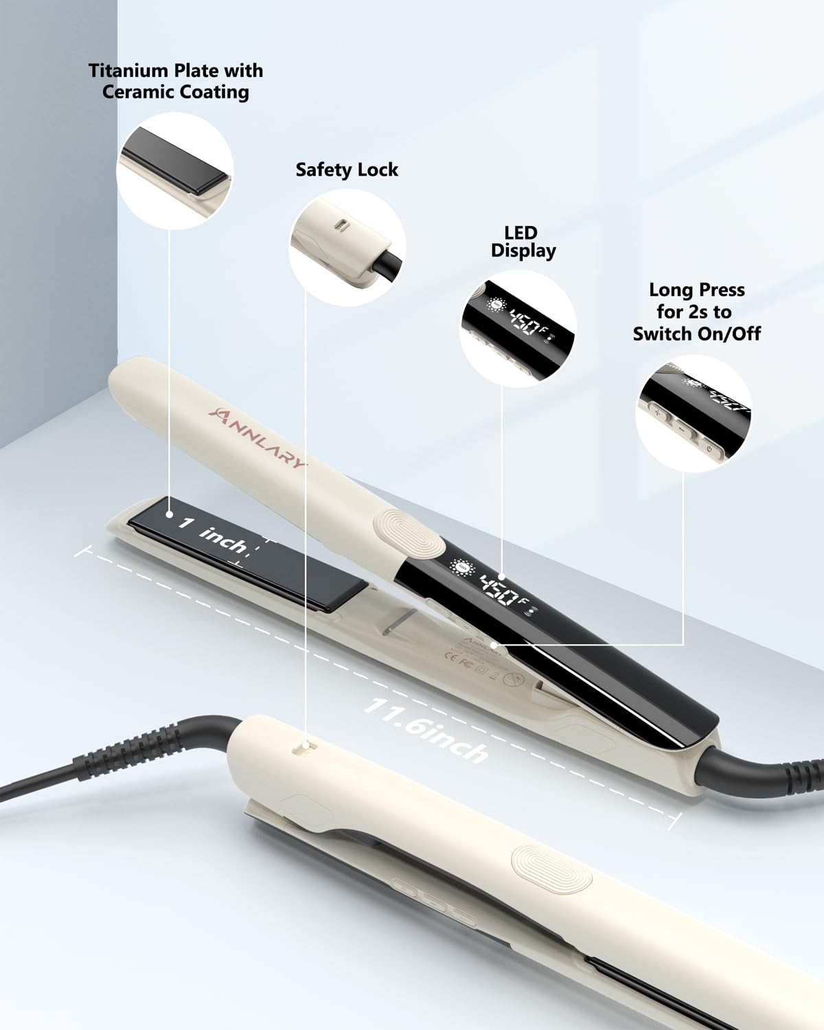 Annlary Hair Straightener 1 Inch Flat Iron and Curler 2 in 1 Titanium Ceramic Ionic Dual Voltage Straightener with Heat-Resistant Silicone, for Less Frizz, Shinier & Smoother