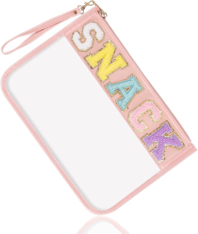 Chenille Letter Clear Snack Bag Purse, Monogram PVC & PU Zipper Pouch With Wristlet, Waterproof Portable Glitter Makeup Beach Toiletry Bag for Women Girls (SNACKS-Pink)