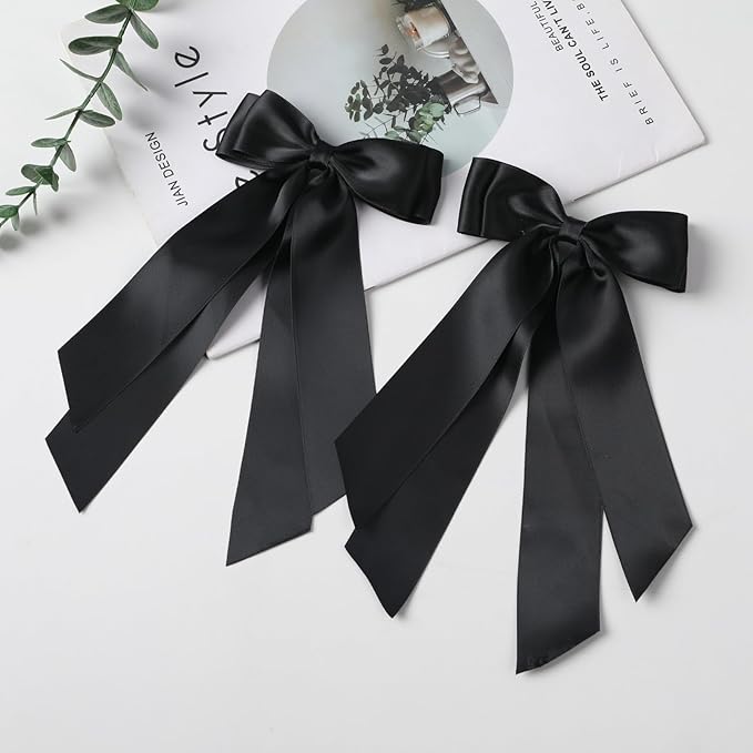 LuSeren 2 PCS Double Layer Hair Bows Black Hair Ribbon Clips Ponytail Holder Accessories for Women Girls Toddlers Teens Kids