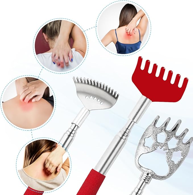 3 Pack Different Back Scratcher Metal Portable Telescoping Back scratchers with Rubber Handles, Extendable Back Massager Tool with Box, Stocking Stuffers for Men Women Kids Adults（Red）