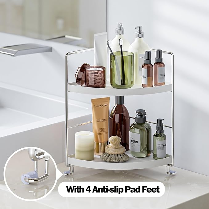 2-Tier Bathroom Corner Counter Organizer, Makeup Storage Shelf Vanity Tray, Bathroom Sink Countertop Organizer, Silver