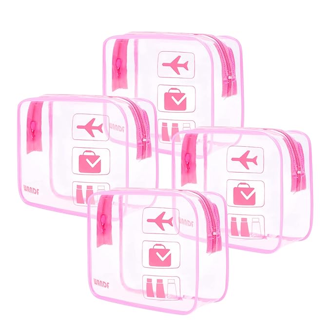 WANDF TSA Approved Toiletry Bag, 2 Packs Travel Clear Toiletry Bag, Quart Size Makeup Cosmetic Pouch with Zipper, Carry-On Airport Compliant Bag for Women and Men (4pcs Pink)