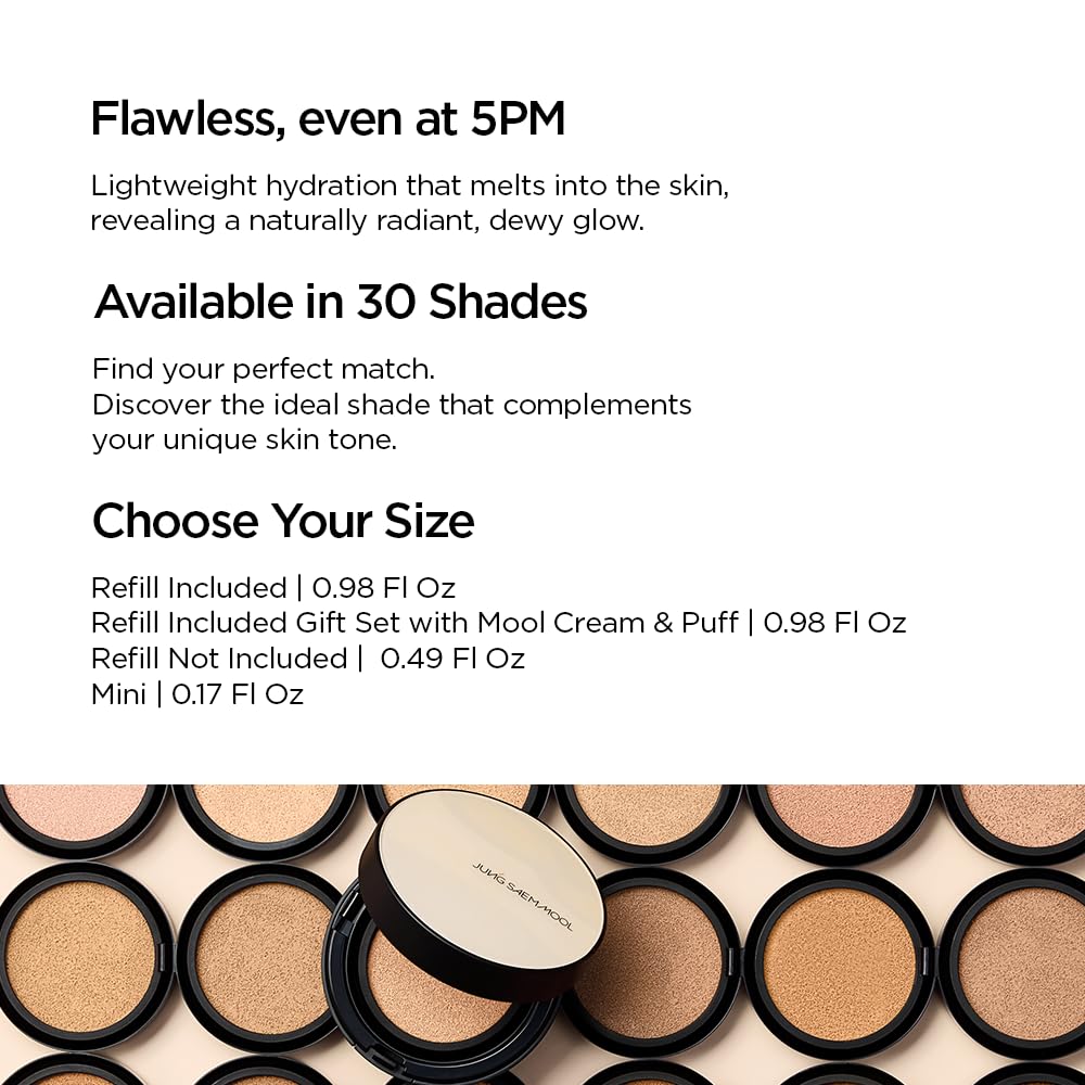 JUNG SAEM MOOL Essential Skin Nuder Cushion | Natural Finish, Buildable Coverage Cushion Foundation by Korean Makeup Artist (Mini, 0.17 Fl Oz), 21W Medium