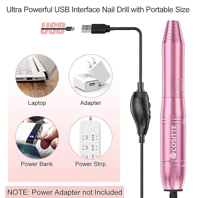 Electric Nail Drill,USB Electric Nail Drill Machine for Acrylic Nail Kit,Portable Electric Nail File Polishing Tool Manicure Pedicure Kit Efile Nail Supplies for Home Salon,Pink