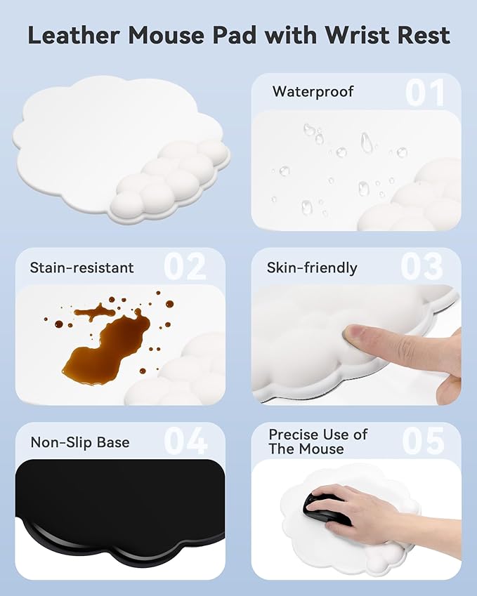 Laborio Cloud Wrist Rest for Keyboard and Mouse for Desktop, PU Leather Cloud Computer Keyboard Stand with Mouse Pad, Key Board Wrist Support Riser, Angle Adjustable Arm Rest(White)