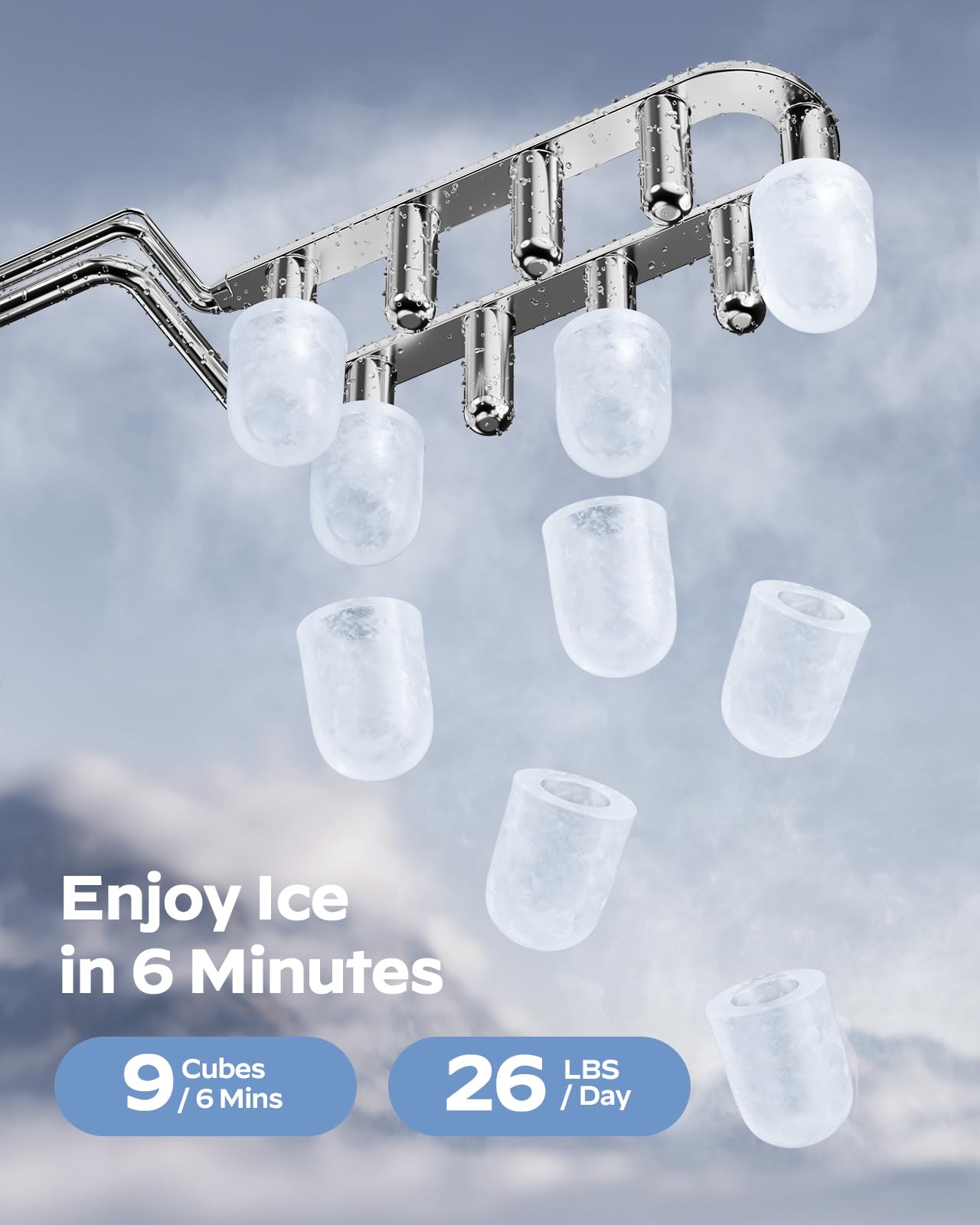 HOMEZAY Ice Maker Countertop, 9 Cubes Ready in 6 Mins, 26 lbs per Day, Ice Machine with 2 Ice Sizes and Self-Cleaning, Portable Ice Maker with Handle for Home, Kitchen, Camping, RV, Office, Black