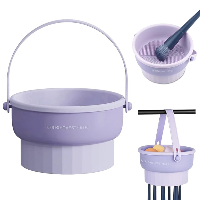 Makeup Brush Cleaner Mat 3 in 1 Silicone Makeup Brush Cleaner Bowl Cosmetic Brushes Cleaning Tool Makeup Cleaner for Brushes (Purple)